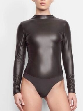 NWOT SKIMS Dark Brown Long-Sleeve Faux Leather Bodysuit